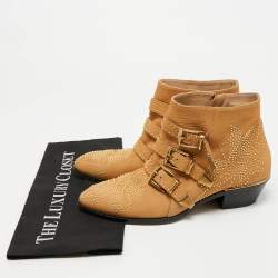 Pre Owned Chloe Susanna Studded Size 38.5 Tan Nubuck Leather Ankle Boots