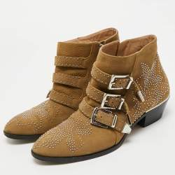 Pre Owned Chloe Susanna Studded Size 38 Olive Green Nubuck Leather Ankle Boots
