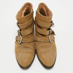 Pre Owned Chloe Susanna Studded Size 38 Olive Green Nubuck Leather Ankle Boots