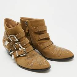 Pre Owned Chloe Susanna Studded Size 38 Olive Green Nubuck Leather Ankle Boots