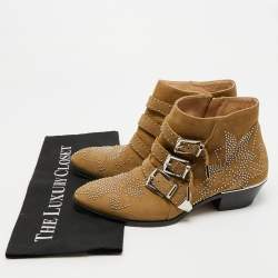 Pre Owned Chloe Susanna Studded Size 38 Olive Green Nubuck Leather Ankle Boots