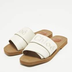 مملوكة مسبقًا Chloe Woody Size 37 White Leather Logo Embroidered Flat Slide