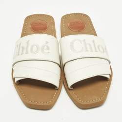 مملوكة مسبقًا Chloe Woody Size 37 White Leather Logo Embroidered Flat Slide
