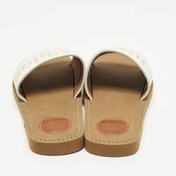 مملوكة مسبقًا Chloe Woody Size 37 White Leather Logo Embroidered Flat Slide