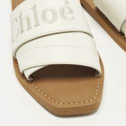 مملوكة مسبقًا Chloe Woody Size 37 White Leather Logo Embroidered Flat Slide