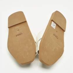 مملوكة مسبقًا Chloe Woody Size 37 White Leather Logo Embroidered Flat Slide