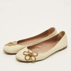 Pre Owned Chloe Laurena Scalloped Size 38 Cream Leather Ballet Flats
