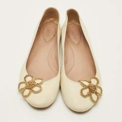 Pre Owned Chloe Laurena Scalloped Size 38 Cream Leather Ballet Flats