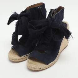 مملوكة مسبقًا صندل إسفين بكعب كلوي هاربر جلد أزرق سويدي برباط مقاس 35