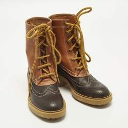 Pre Owned Chloe Franne Size 37 Two Tone Leather Combat Boots