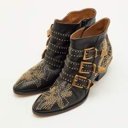 Pre Owned Chloe Susanna Size 38 Black Leather Studded Ankle Length Boots