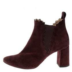 Pre Owned Chloe Burgundy Suede Lauren Block Heel Ankle Boots Size 38