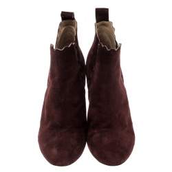 Pre Owned Chloe Burgundy Suede Lauren Block Heel Ankle Boots Size 38
