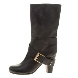 Pre Owned Chloe Black Leather Mid-Calf Buckle Boots Size 37