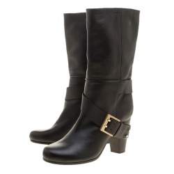 Pre Owned Chloe Black Leather Mid-Calf Buckle Boots Size 37