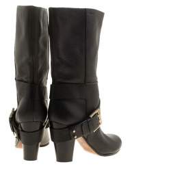 Pre Owned Chloe Black Leather Mid-Calf Buckle Boots Size 37