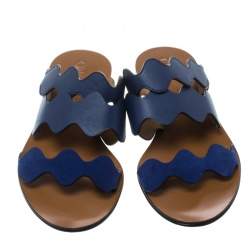 Pre Owned Chloe Blue Leather and Suede Lauren Wavy Three Strap Flat Slides Size 37
