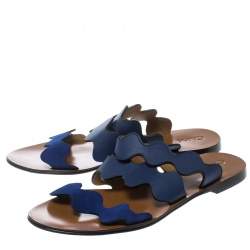 Pre Owned Chloe Blue Leather and Suede Lauren Wavy Three Strap Flat Slides Size 37