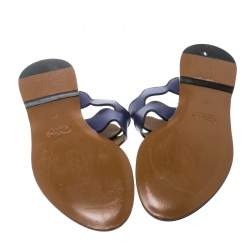 Pre Owned Chloe Blue Leather and Suede Lauren Wavy Three Strap Flat Slides Size 37