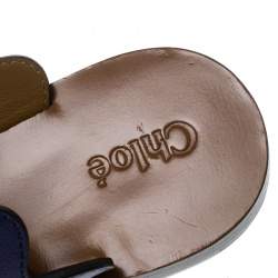 Pre Owned Chloe Blue Leather and Suede Lauren Wavy Three Strap Flat Slides Size 37