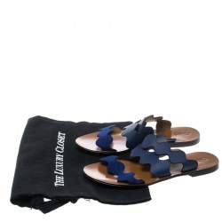 Pre Owned Chloe Blue Leather and Suede Lauren Wavy Three Strap Flat Slides Size 37