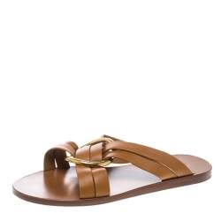 Chloe Brown Leather Rony Crisscross Flat Sandals Size 37