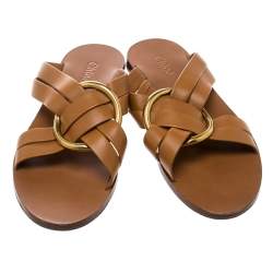 Chloe Brown Leather Rony Crisscross Flat Sandals Size 37