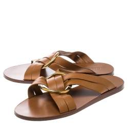 Chloe Brown Leather Rony Crisscross Flat Sandals Size 37