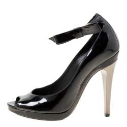 Chloe Black Patent Leather Bow Detail Ankle Strap Peep Toe Pumps Size 37