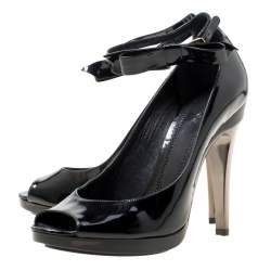 Chloe Black Patent Leather Bow Detail Ankle Strap Peep Toe Pumps Size 37