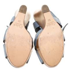 Chloe Blue Leather Peep Toe Platform Wedge Sandals Size 38