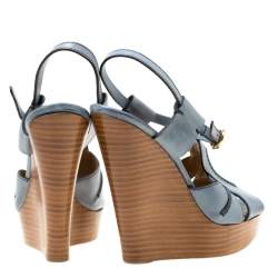 Chloe Blue Leather Peep Toe Platform Wedge Sandals Size 38