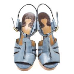 Chloe Blue Leather Peep Toe Platform Wedge Sandals Size 38