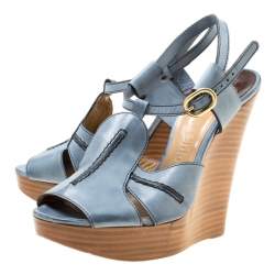 Chloe Blue Leather Peep Toe Platform Wedge Sandals Size 38