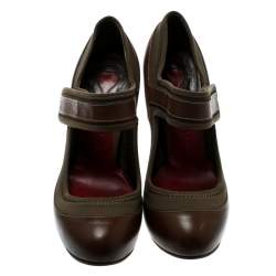 Chloe Brown Leather And Khaki Fabric Mary Jane Block Heel Platform Pumps Size 38