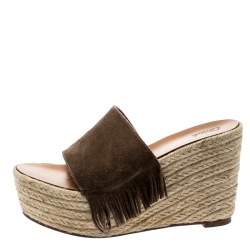 Pre Owned Chloe Brown Suede Fringe Detail Wedge Espadrille Sandals Size 39