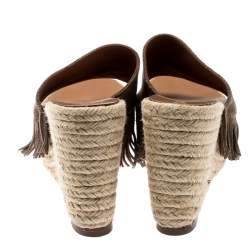 Pre Owned Chloe Brown Suede Fringe Detail Wedge Espadrille Sandals Size 39