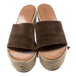 Pre Owned Chloe Brown Suede Fringe Detail Wedge Espadrille Sandals Size 39