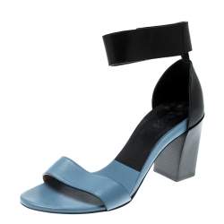 Pre Owned Chloe Blue/Black Leather Ankle Cuff Block Heel Sandals Size 38