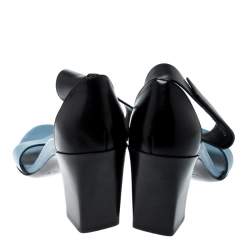 Pre Owned Chloe Blue/Black Leather Ankle Cuff Block Heel Sandals Size 38