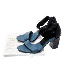 Pre Owned Chloe Blue/Black Leather Ankle Cuff Block Heel Sandals Size 38