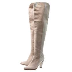 Pre Owned Chloe Pink/White Suede And Leather Knee Length Boots Size 38