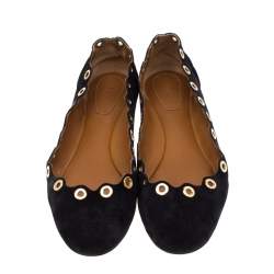 Pre Owned Chloe Dark Blue Suede Scalloped Grommet Ballet Flats Size 39.5