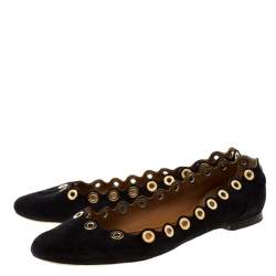 Pre Owned Chloe Dark Blue Suede Scalloped Grommet Ballet Flats Size 39.5