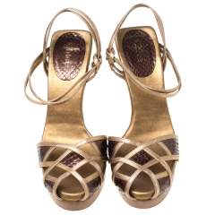 Chloe Gold/Brown Criss Cross Leather and Snakeskin Platform Sandals Size 37