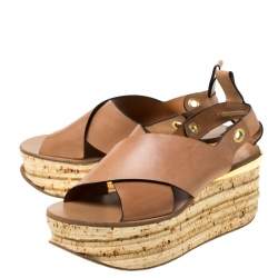 Pre Owned Chloe Brown Leather Clyde Wedge Platform Sandals Size 40