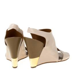 Chloe Beige Leather Eliza Wedge Slingback Sandals Size 39.5