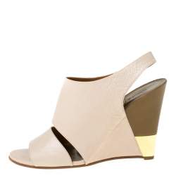 Chloe Beige Leather Eliza Wedge Slingback Sandals Size 39.5