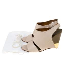 Chloe Beige Leather Eliza Wedge Slingback Sandals Size 39.5