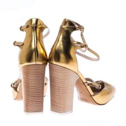 Pre Owned Chloe Gold Metallic Leather Block Heel Ankle Strap Pumps Size 37